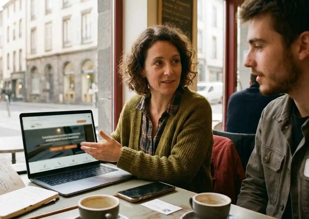 Entrepreneure présentant son nouveau site, exemple de création de site indépendant à Clermont-Ferrand