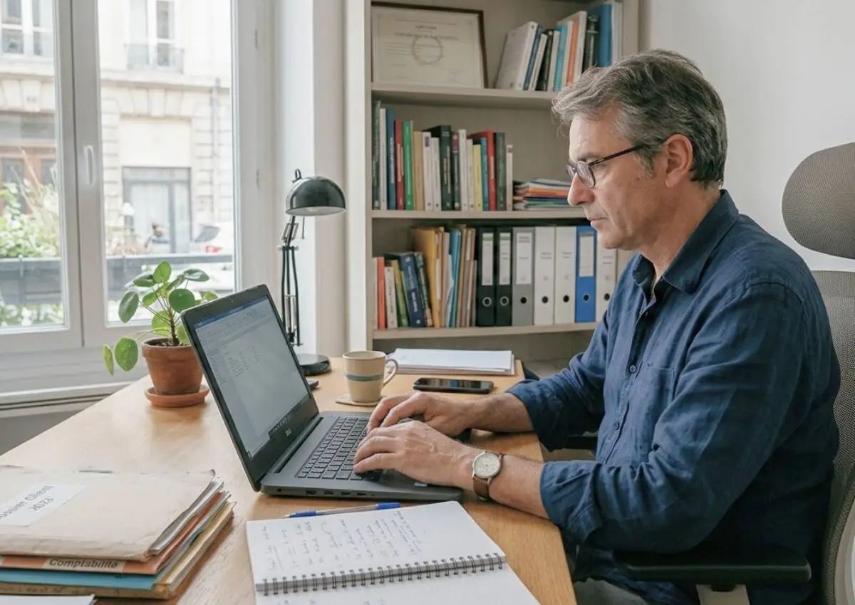 Professionnel libéral travaillant sur son ordinateur dans son cabinet à Clermont-Ferrand