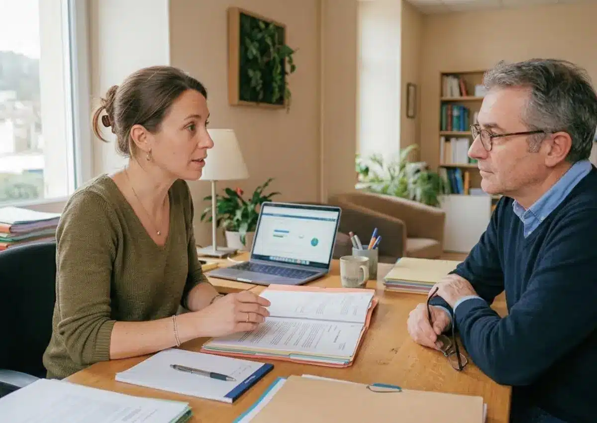 Professionnelle libérale échangeant avec un client lors d’un rendez-vous dans son cabinet