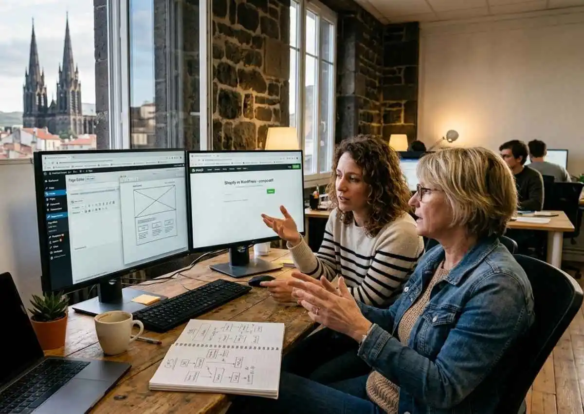 Deux personnes comparant les options WordPress et Shopify pour le choix d'un CMS à Clermont-Ferrand