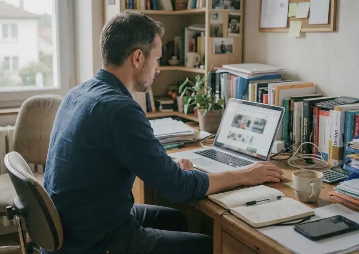 Professionnel indépendant consultant son site internet depuis son ordinateur dans son bureau